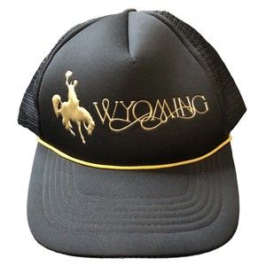 Vintage Wyoming Golden Cowboy Snapback Trucker Hat Black & Gold Mesh Rope Bronco